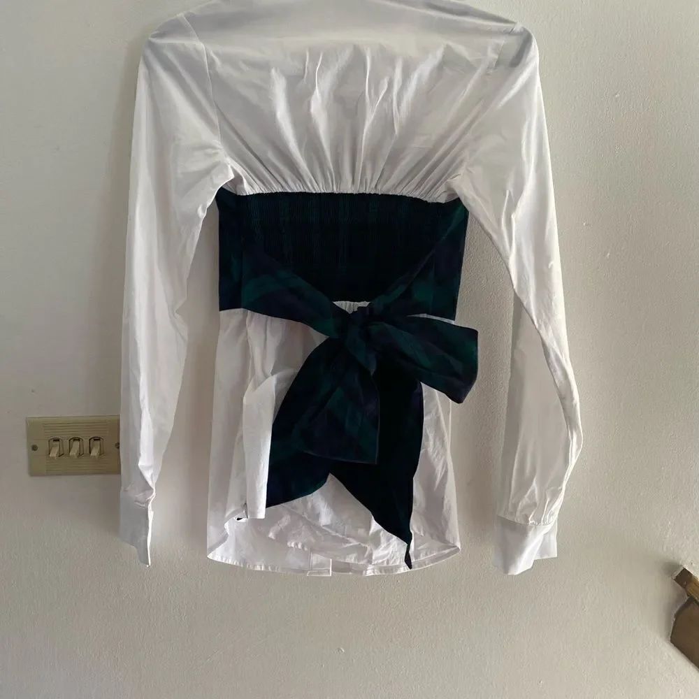 Petersyn White Button Down Plaid Tie Waist Shirt Size XS Made NY - Picture 6 of 10
